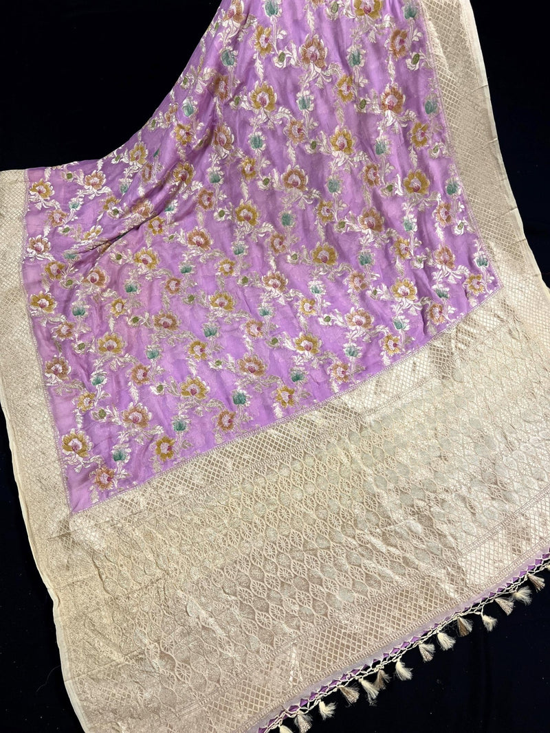 Lavender and Beige pure khaddi georgette banarasi silk saree with muted gold zari jaal with hand-brush — Kaash Collection