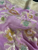 Lavender and Beige pure khaddi georgette banarasi silk saree with muted gold zari jaal with hand-brush — Kaash Collection
