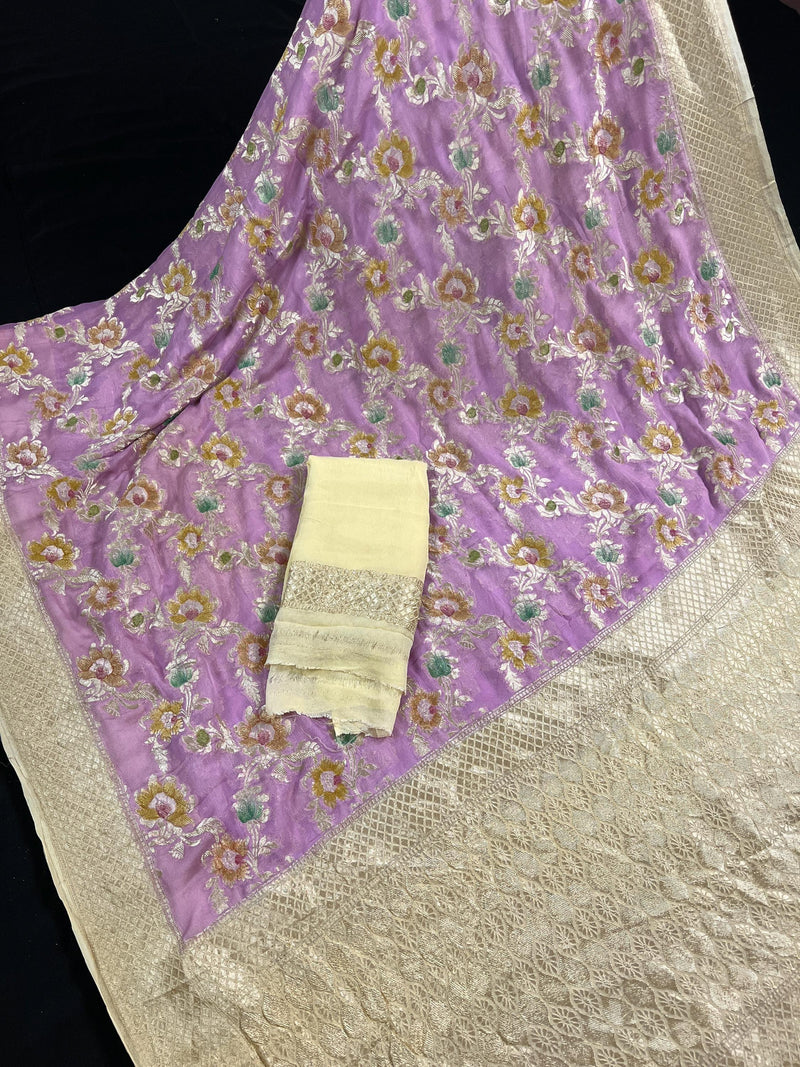 Lavender and Beige Color Pure Khaddi Georgette Banarasi Silk Saree | Floral Pattern with Handbrush Paint | SILK MARK CERTIFIED - Kaash