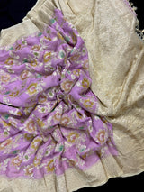 Lavender and Beige Color Pure Khaddi Georgette Banarasi Silk Saree | Floral Pattern with Handbrush Paint | SILK MARK CERTIFIED - Kaash