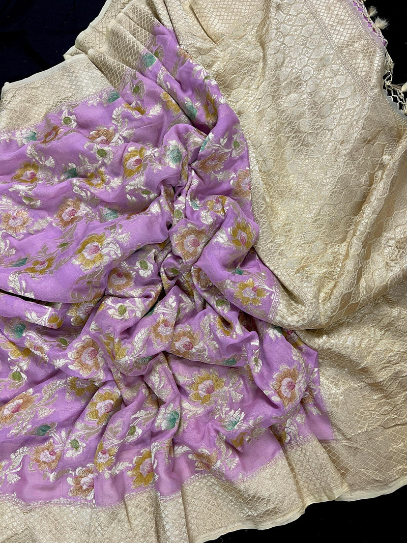 Lavender and Beige Color Pure Khaddi Georgette Banarasi Silk Saree | Floral Pattern with Handbrush Paint | SILK MARK CERTIFIED - Kaash