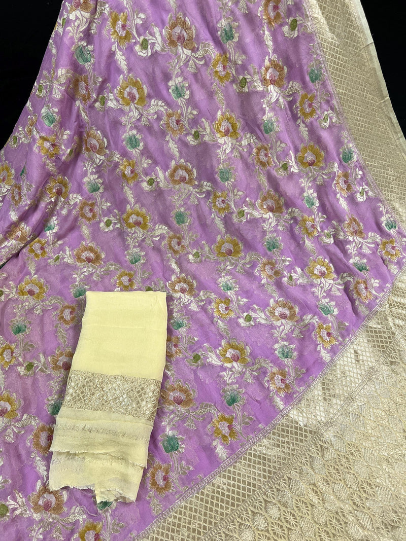 Lavender and Beige Color Pure Khaddi Georgette Banarasi Silk Saree | Floral Pattern with Handbrush Paint | SILK MARK CERTIFIED - Kaash