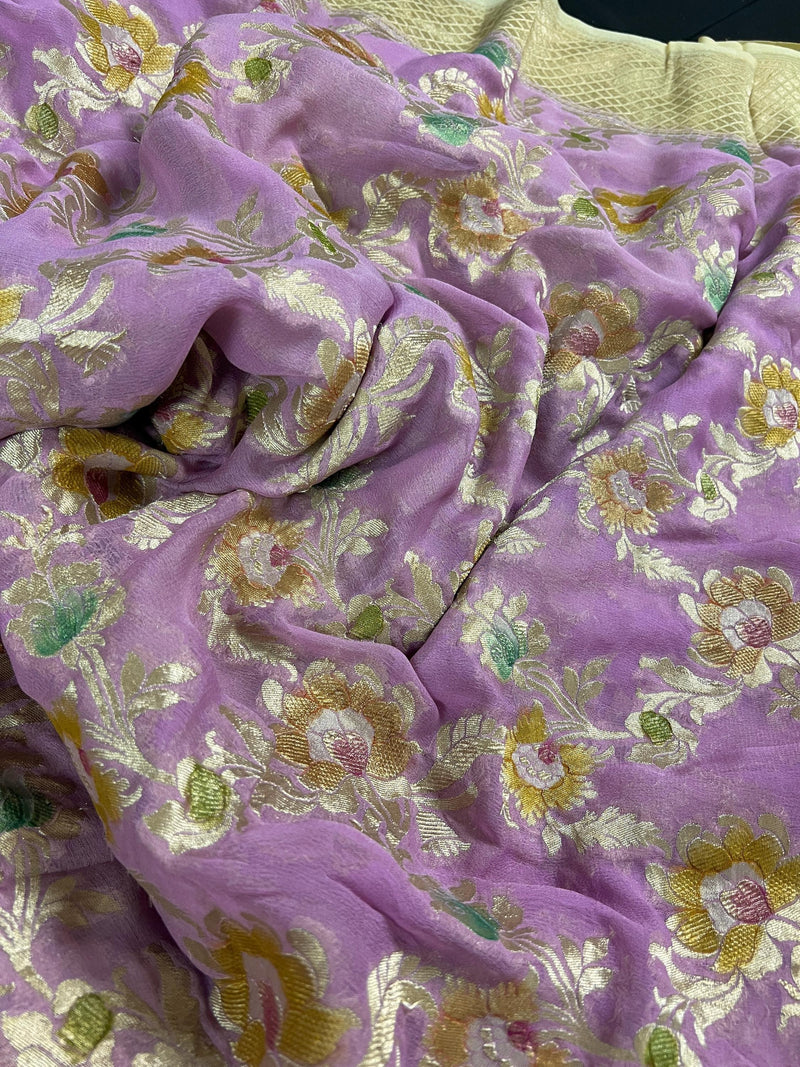Lavender and Beige Color Pure Khaddi Georgette Banarasi Silk Saree | Floral Pattern with Handbrush Paint | SILK MARK CERTIFIED - Kaash