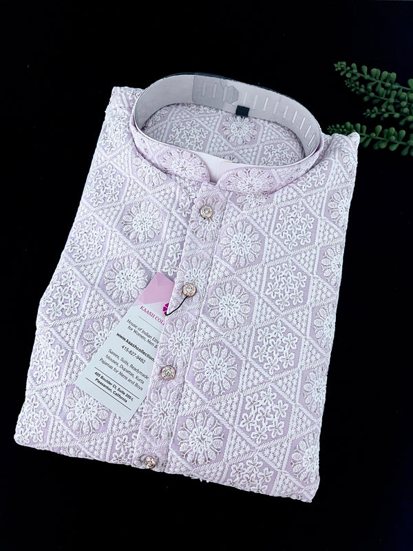 Lavender Color Chikankari Lucknowi Pure Cotton Kurta Pajama Set with Sequin and with Lining -Chikhankari Kurta - Kaash