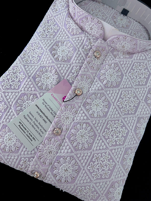 Lavender Color Chikankari Lucknowi Pure Cotton Kurta Pajama Set with Sequin and with Lining -Chikhankari Kurta - Kaash