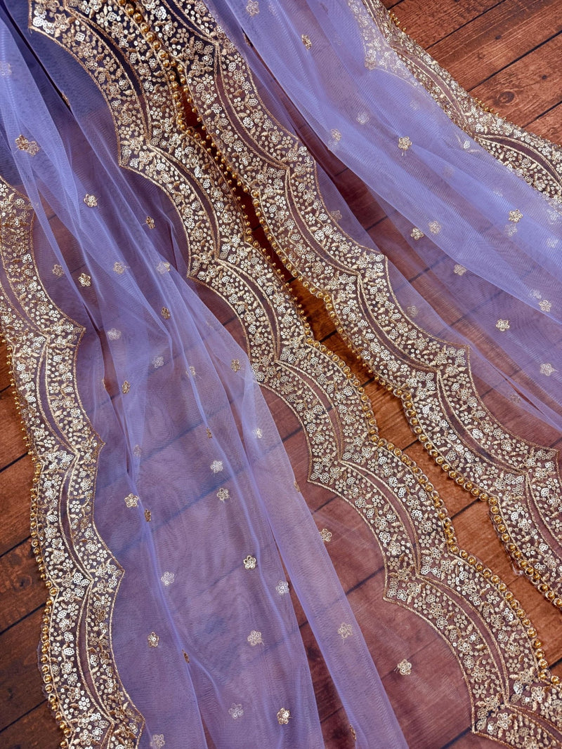 Lavender Net Sequin dupatta in net with gold zari, sequin & bead work on net — Kaash Collection