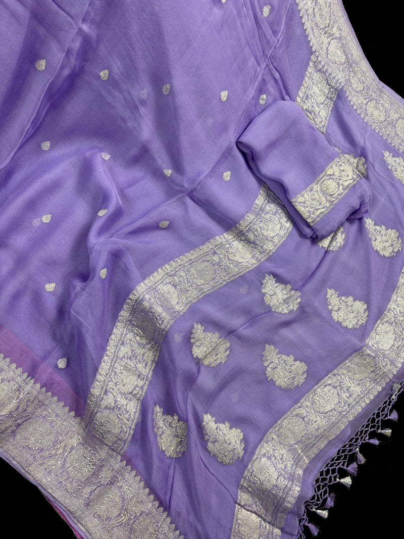 Lavender pure banarasi chiffon silk saree with silver zari weave — Kaash Collection
