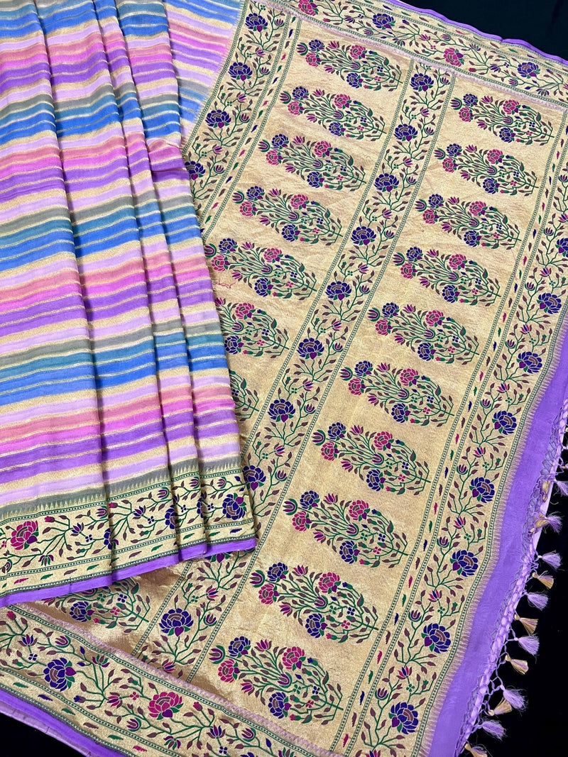 Lavender pure banarasi georgette silk paithani saree with paithani stripes & meenakari — Kaash Collection
