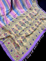Lavender pure banarasi georgette silk paithani saree with paithani stripes & meenakari — Kaash Collection