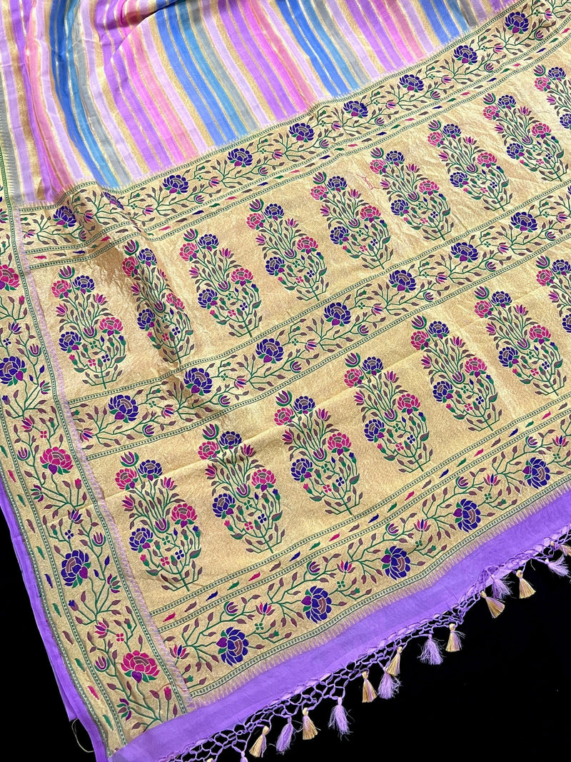 Lavender Color Pure Banarasi Georgette Silk Paithani Saree with Meenakari Work with Multi Color Stripes - Silk Mark Certified - Kaash