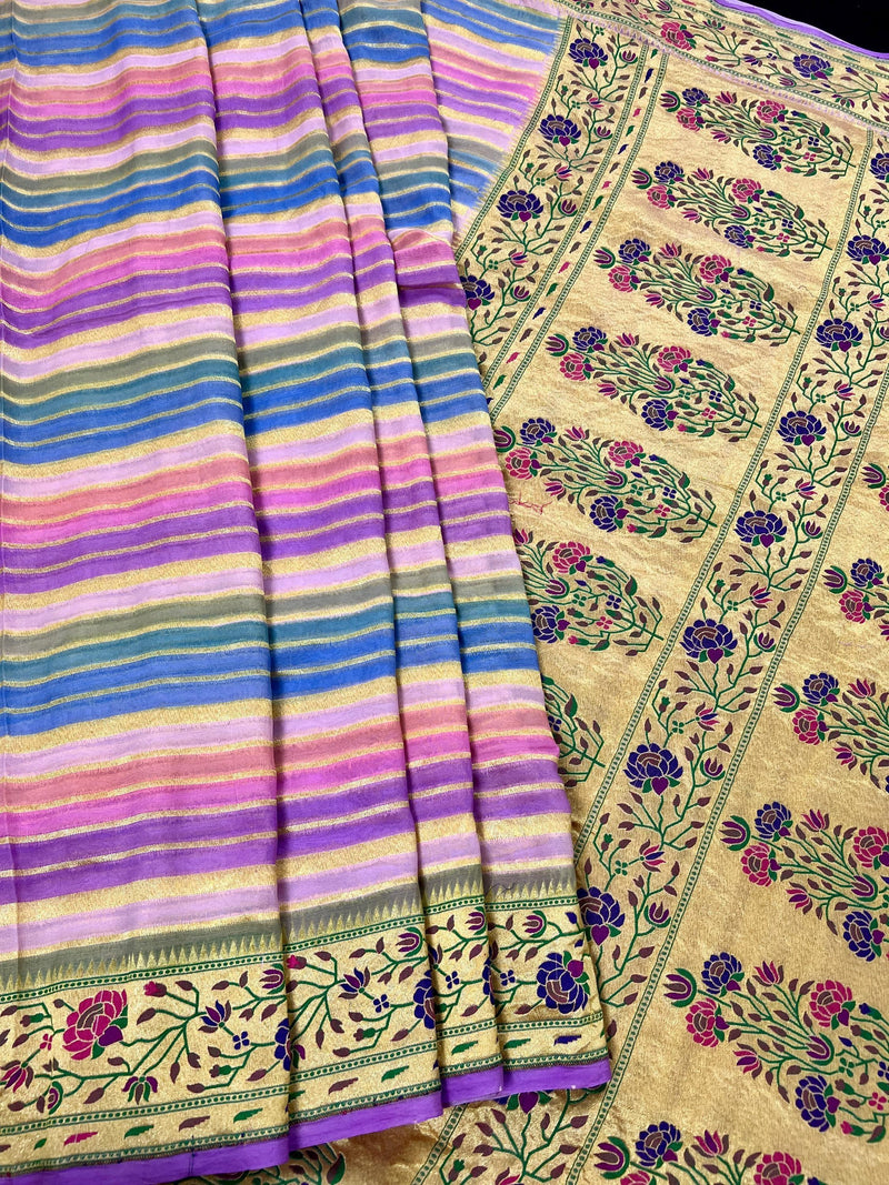 Lavender Color Pure Banarasi Georgette Silk Paithani Saree with Meenakari Work with Multi Color Stripes - Silk Mark Certified - Kaash