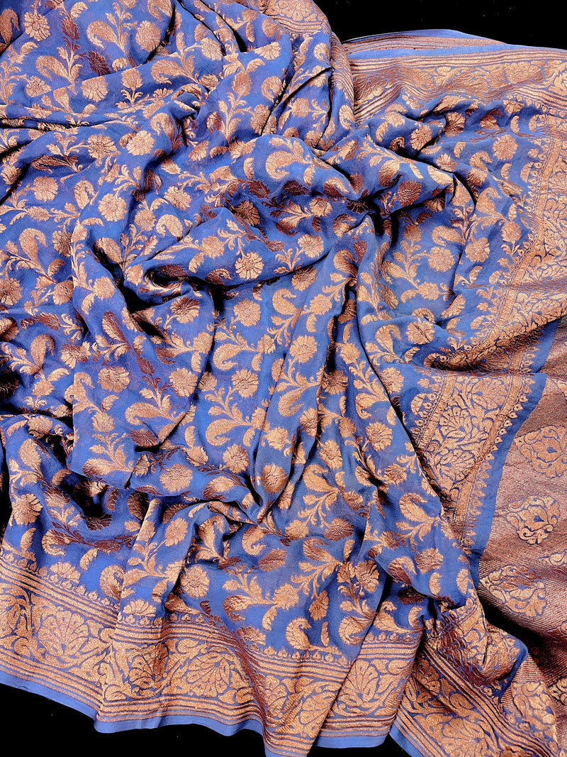 Lavender Color Pure Khaddi Georgette Banarasi Silk Saree with Antique Copper Zari Weave | Lavender Color Saree | SILK MARK CERTIFIED - Kaash