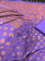 Lavender pure khaddi georgette banarasi silk saree with copper zari with wide border — Kaash Collection