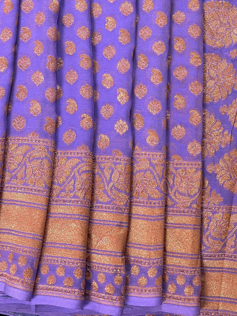 Lavender Color Pure Khaddi Georgette Banarasi Silk Saree with Copper Zari - SILK MARK CERTIFIED - Kaash