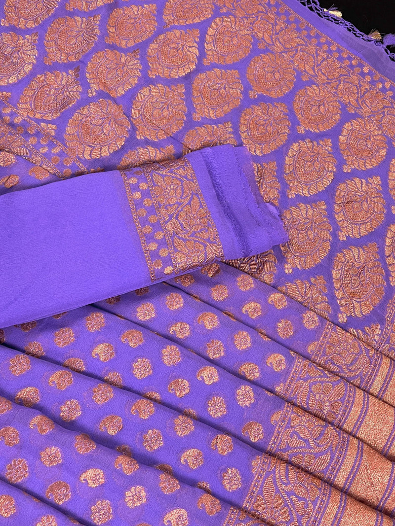 Lavender Color Pure Khaddi Georgette Banarasi Silk Saree with Copper Zari - SILK MARK CERTIFIED - Kaash