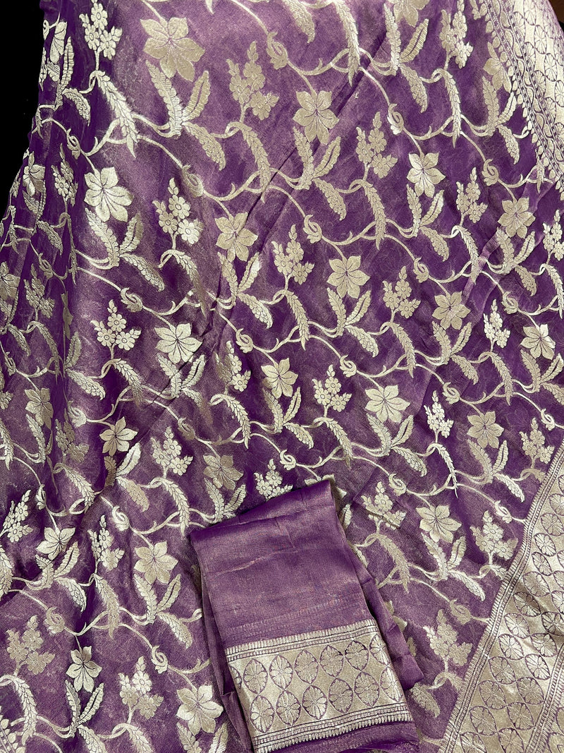 Lavender Color Pure Khaddi Georgette Tissue Banarasi Silk Saree with Floral Jaal | SILK MARK CERTIFIED Saree - Kaash