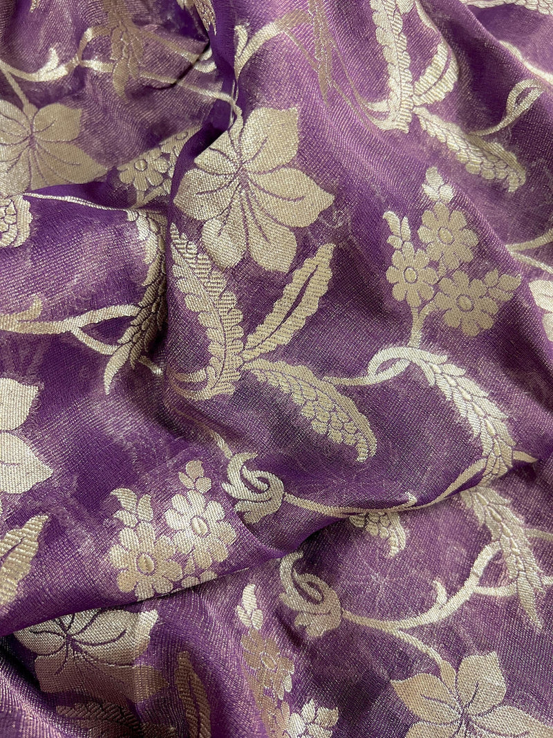 Lavender Color Pure Khaddi Georgette Tissue Banarasi Silk Saree with Floral Jaal | SILK MARK CERTIFIED Saree - Kaash