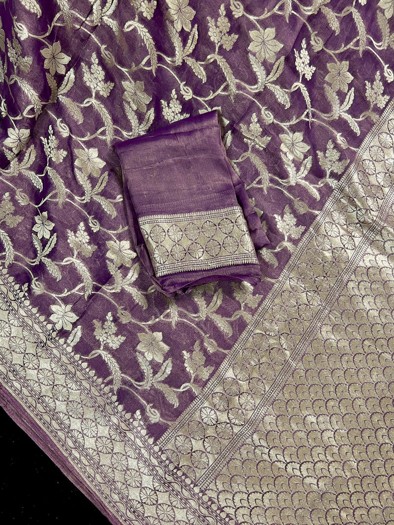 Lavender Color Pure Khaddi Georgette Tissue Banarasi Silk Saree with Floral Jaal | SILK MARK CERTIFIED Saree - Kaash