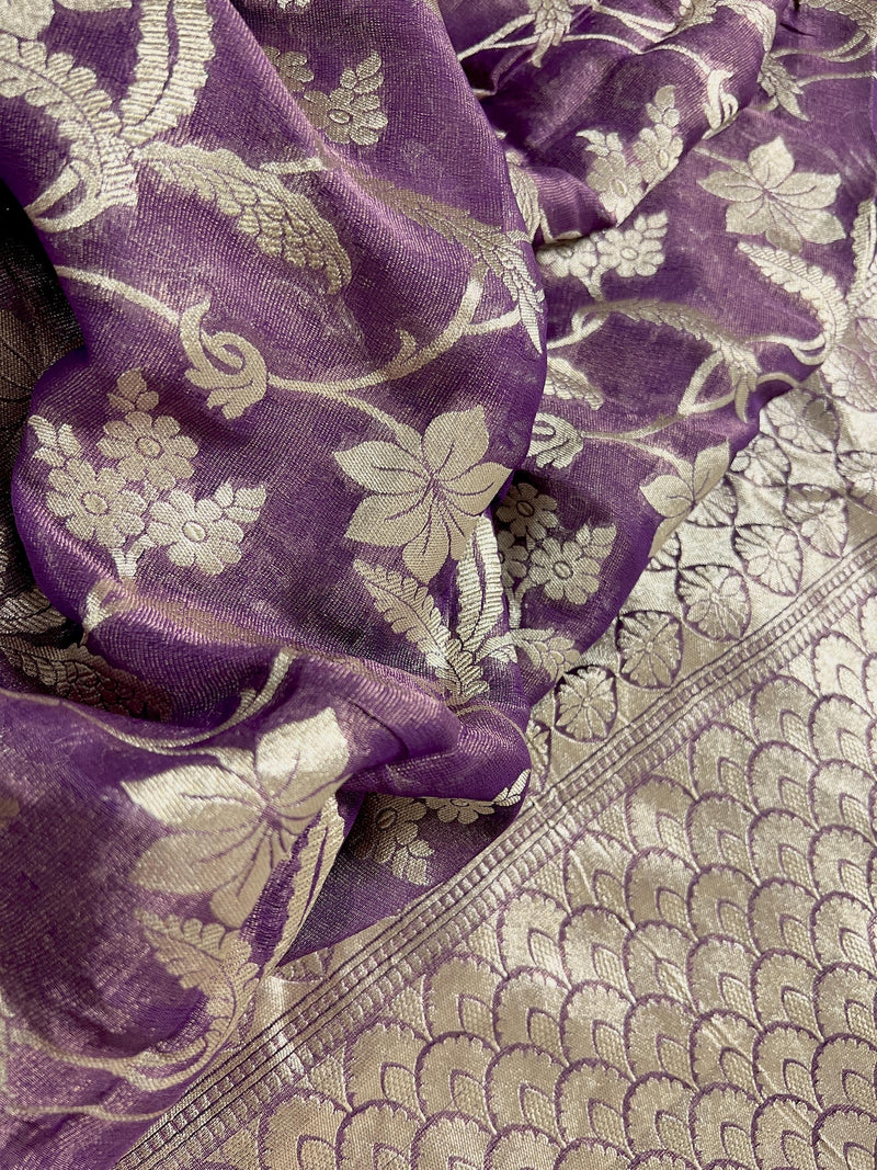 Lavender Color Pure Khaddi Georgette Tissue Banarasi Silk Saree with Floral Jaal | SILK MARK CERTIFIED Saree - Kaash