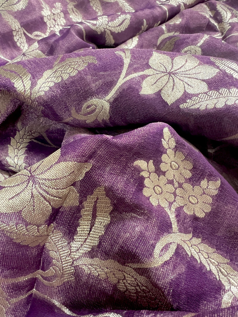 Lavender Color Pure Khaddi Georgette Tissue Banarasi Silk Saree with Floral Jaal | SILK MARK CERTIFIED Saree - Kaash