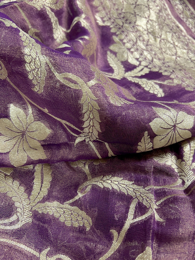 Lavender Color Pure Khaddi Georgette Tissue Banarasi Silk Saree with Floral Jaal | SILK MARK CERTIFIED Saree - Kaash