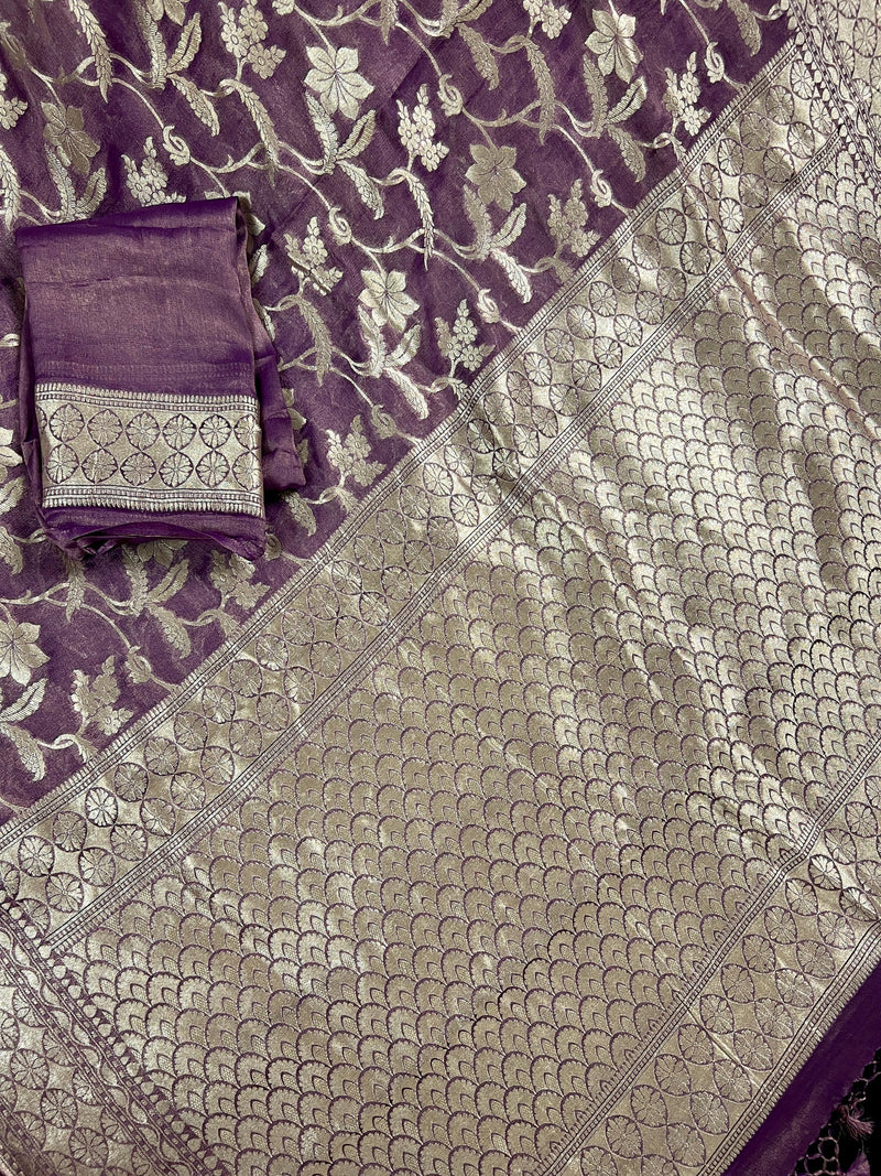 Lavender Color Pure Khaddi Georgette Tissue Banarasi Silk Saree with Floral Jaal | SILK MARK CERTIFIED Saree - Kaash