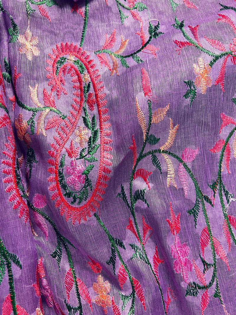 Lavender Floral Digital Embroidery Silk Linen Saree | Floral Saree | Zari Border | Organic Silk Linen Saree | Ships from California - Kaash