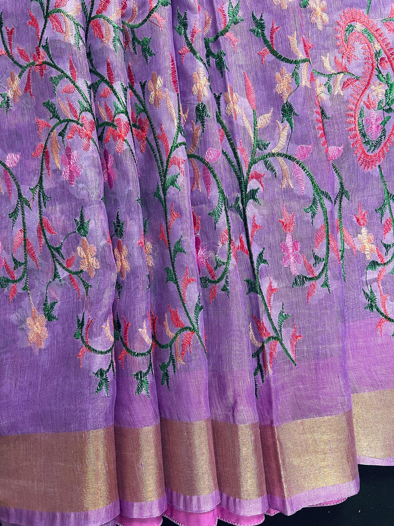 Lavender Floral Digital Embroidery Silk Linen Saree | Floral Saree | Zari Border | Organic Silk Linen Saree | Ships from California - Kaash