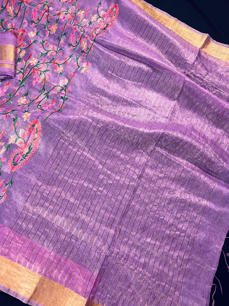 Lavender Floral Digital Embroidery Silk Linen Saree | Floral Saree | Zari Border | Organic Silk Linen Saree | Ships from California - Kaash