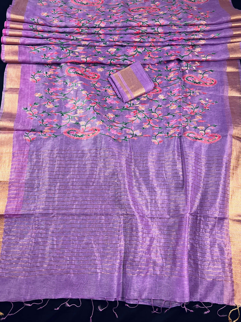 Lavender Floral Digital Embroidery Silk Linen Saree | Floral Saree | Zari Border | Organic Silk Linen Saree | Ships from California - Kaash