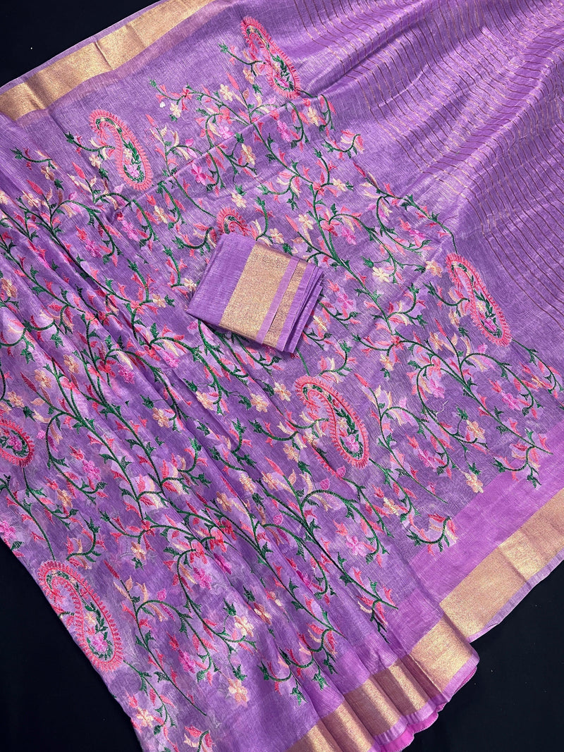 Lavender Floral Digital Embroidery Silk Linen Saree | Floral Saree | Zari Border | Organic Silk Linen Saree | Ships from California - Kaash