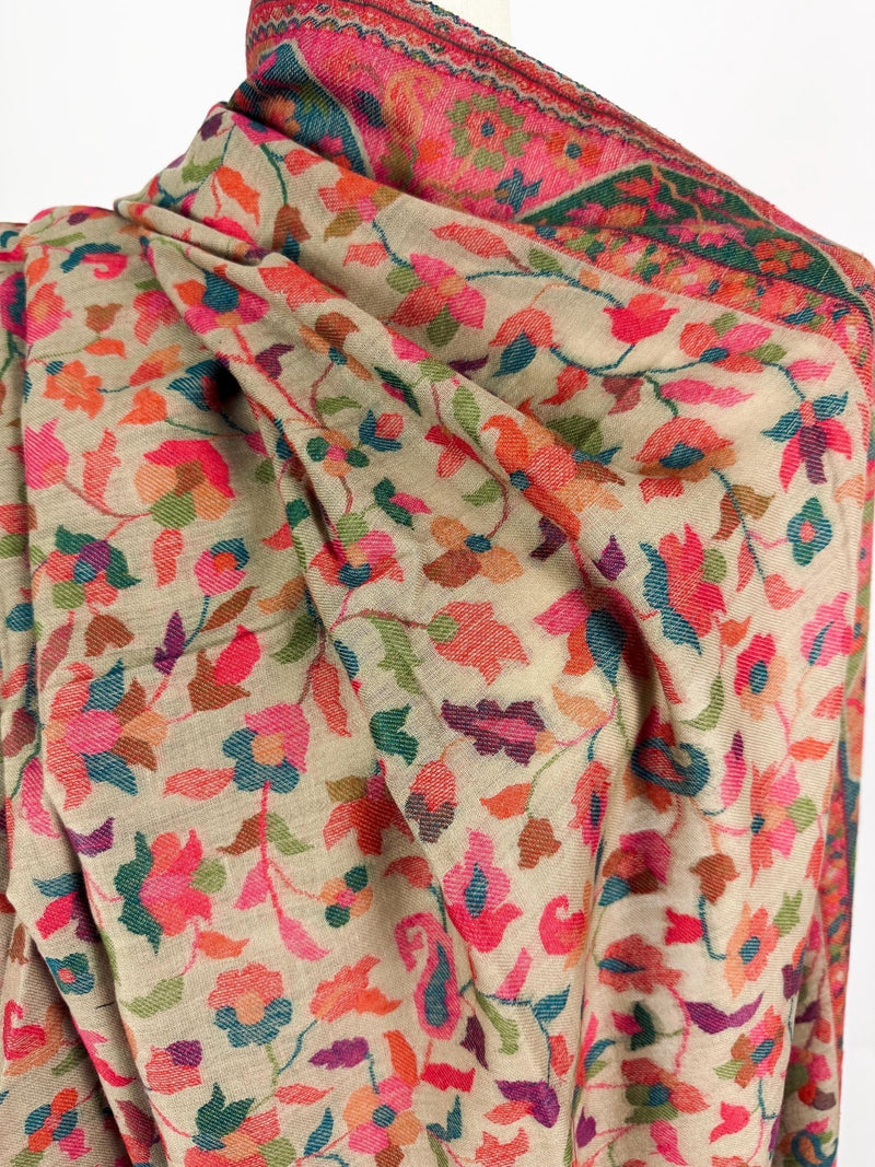 Light Beige pure pashmina Kashmiri shawl with kani weave, floral motifs — Kaash Collection