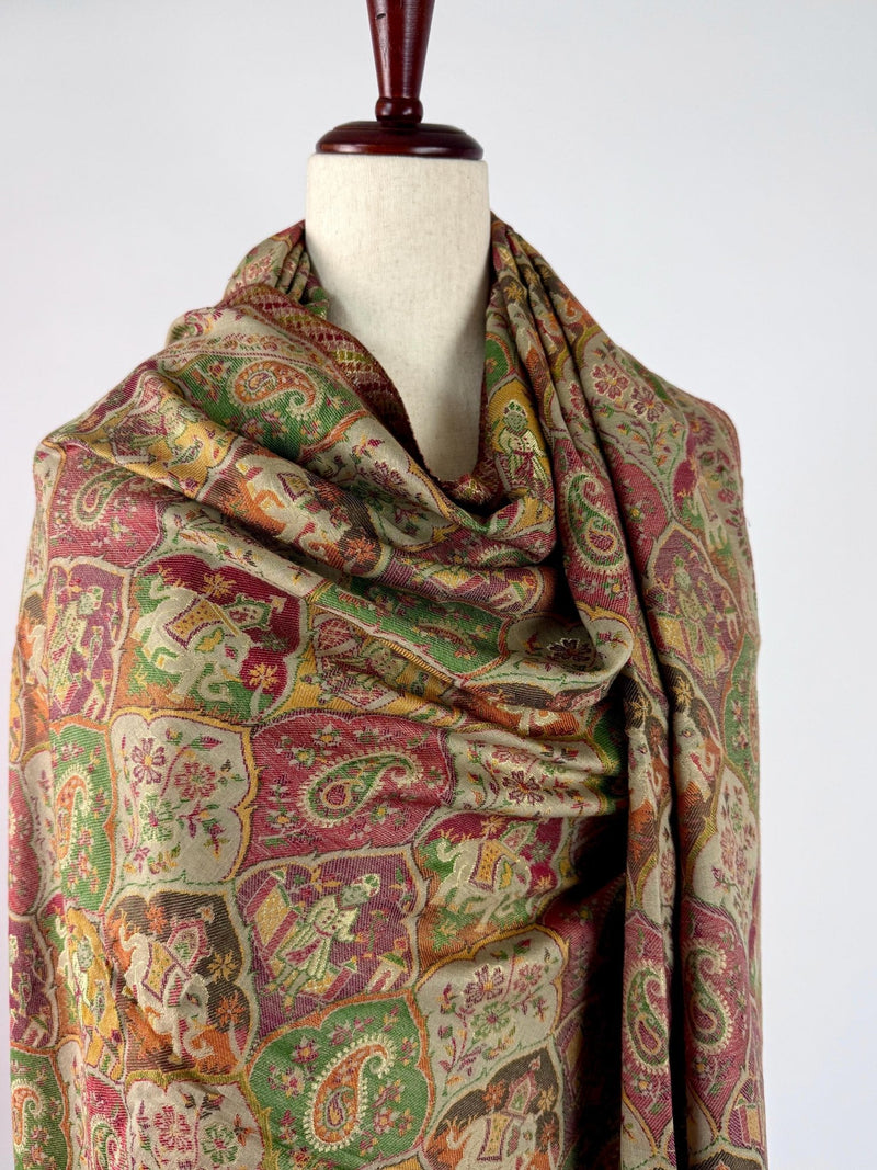 Light Beige pure pashmina Kashmiri shawl with kani weave with modal zari & kalamkari — Kaash Collection