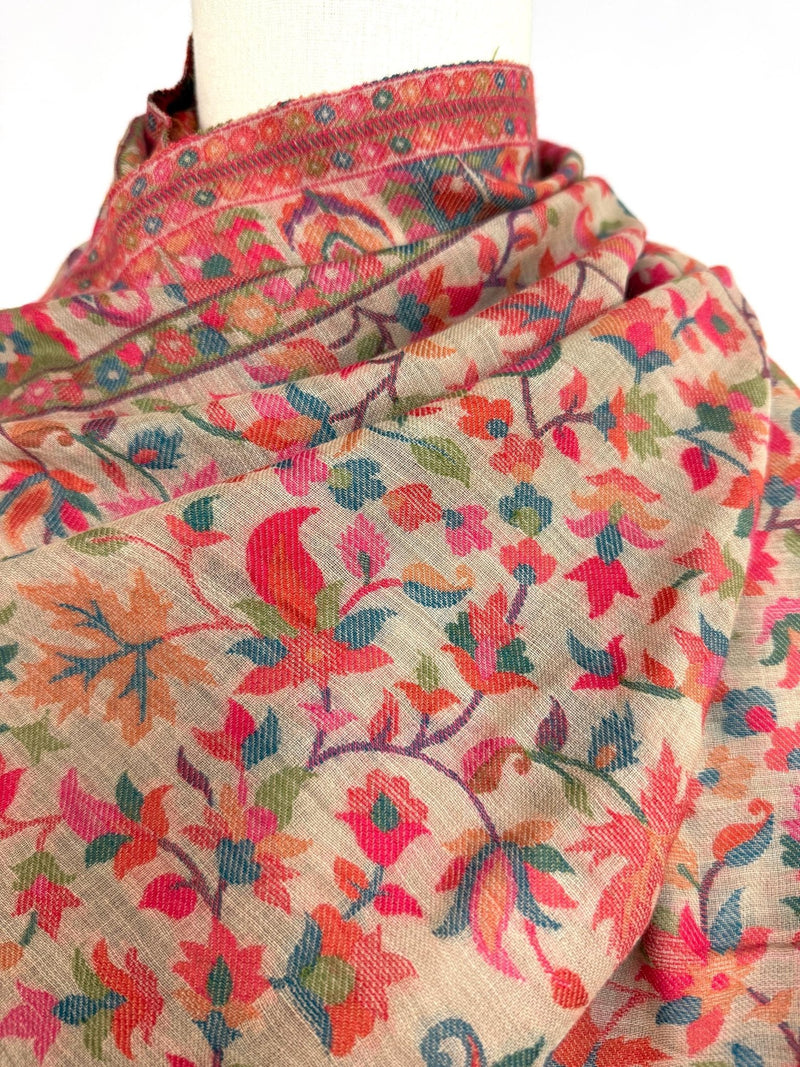 Light Beige Pure Pashmina Kani Weave Shawl | Floral Chinar Leaf Motif - Kaash