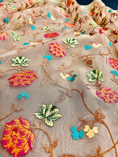Light Beige with Pista Green Borders saree in banarasi kora with floral embroidery with golden zari borders — Kaash Collection