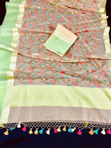 Light Beige with Pista Green Borders saree in banarasi kora with floral embroidery with golden zari borders — Kaash Collection