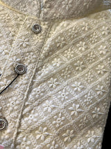 Light Cream men's kurta pajama in georgette with lucknowi chikankari embroidery — Kaash Collection