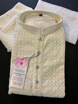 Light Cream men's kurta pajama in georgette with lucknowi chikankari embroidery — Kaash Collection