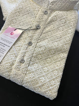 Light Cream men's kurta pajama in georgette with lucknowi chikankari embroidery — Kaash Collection