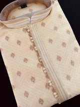 Light Cream Soft Raw Silk Men Kurta Pajama in Self Design material with Antique Zari Weave buti with Cotton Lining - Kaash