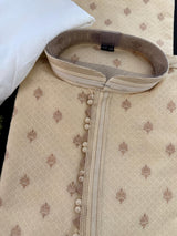 Light Cream Soft Raw Silk Men Kurta Pajama in Self Design material with Antique Zari Weave buti with Cotton Lining - Kaash