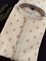 Light Cream Soft Raw Silk Men Kurta Pajama in Self Design material with Antique Zari Weave buti with Cotton Lining - Kaash