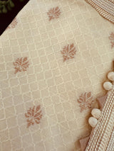 Light Cream Soft Raw Silk Men Kurta Pajama in Self Design material with Antique Zari Weave buti with Cotton Lining - Kaash