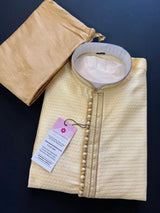 Light Gold men's kurta pajama in soft silk (non-pure) with small embroidery buttis with neckline detail — Kaash Collection