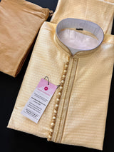 Light Gold men's kurta pajama in soft silk (non-pure) with small embroidery buttis with neckline detail — Kaash Collection