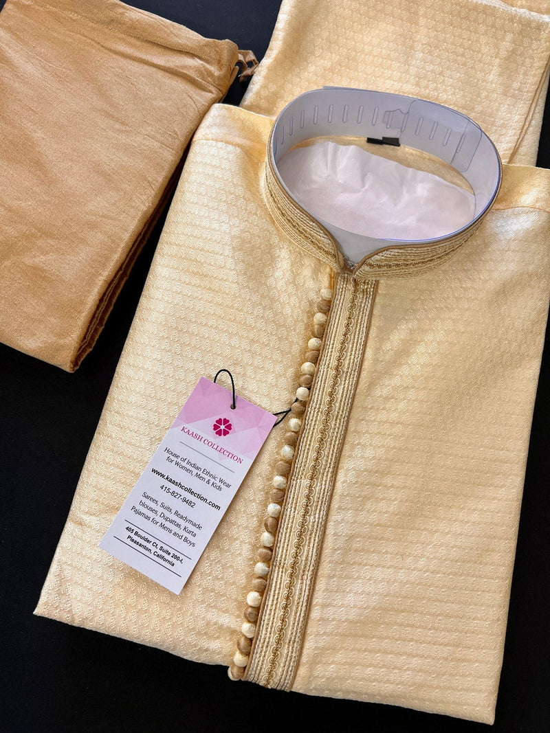 Light Gold men's kurta pajama in soft silk (non-pure) with small embroidery buttis with neckline detail — Kaash Collection