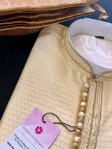 Light Gold men's kurta pajama in soft silk (non-pure) with small embroidery buttis with neckline detail — Kaash Collection