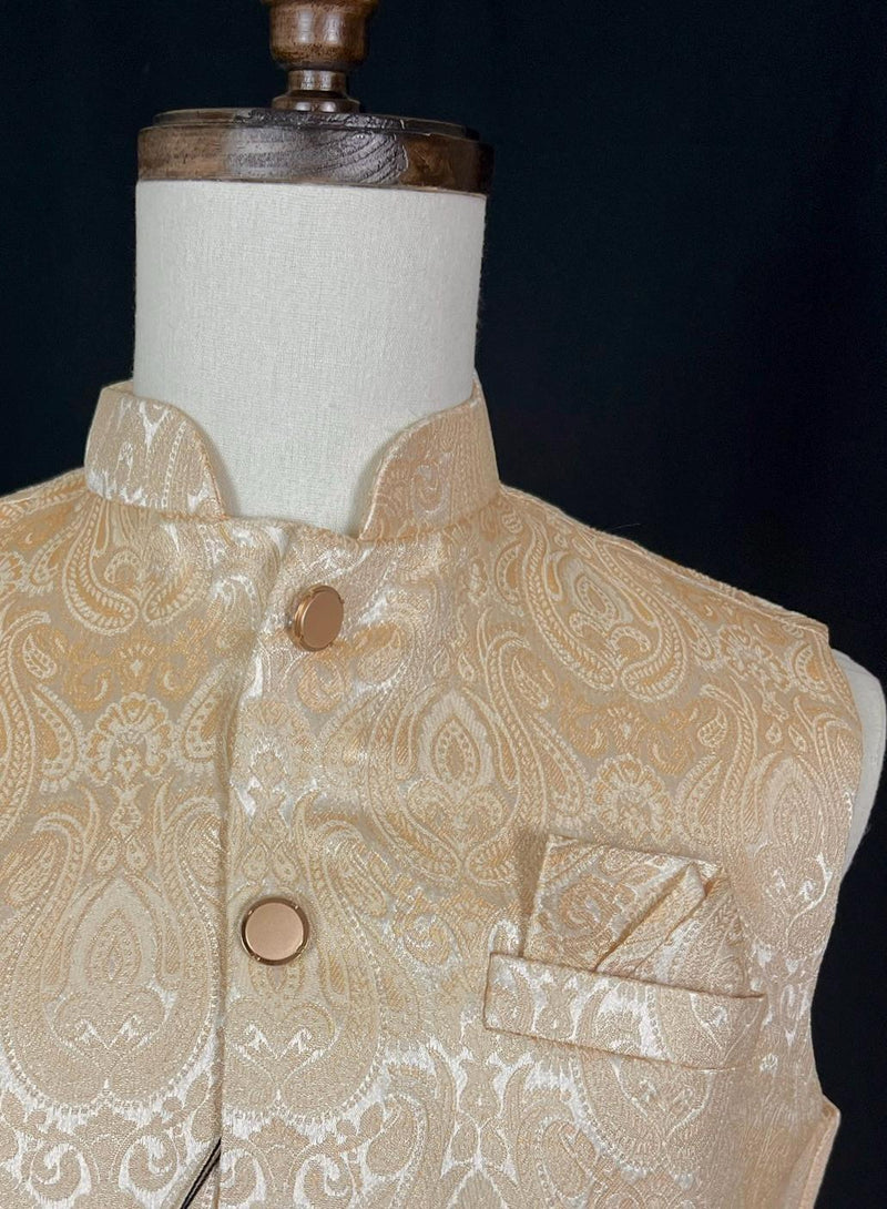 Light Gold men's Nehru/Modi jacket in banarasi silk (handwoven) with handwoven banarasi design — Kaash Collection