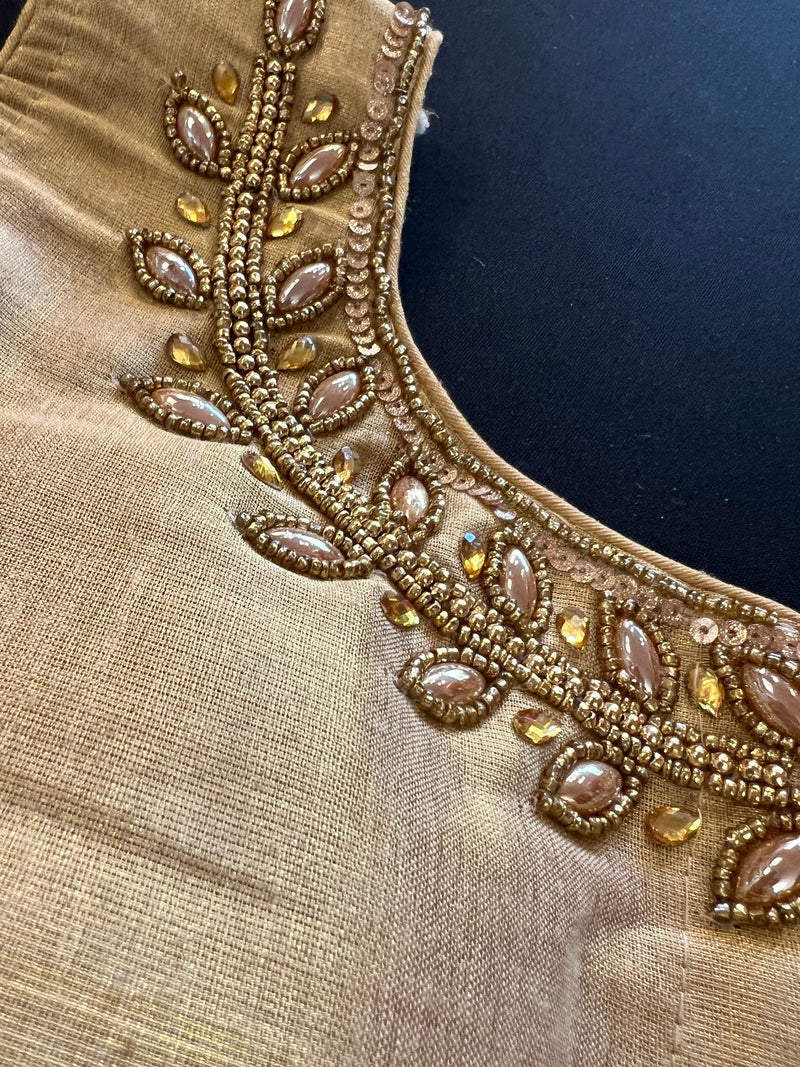 Light Gold Color Tissue Silk Readymade Blouse | Sleeveless Blouse | Read to Wear Blouses | Blouses for Sarees | Handwork Blouse with beads - Kaash