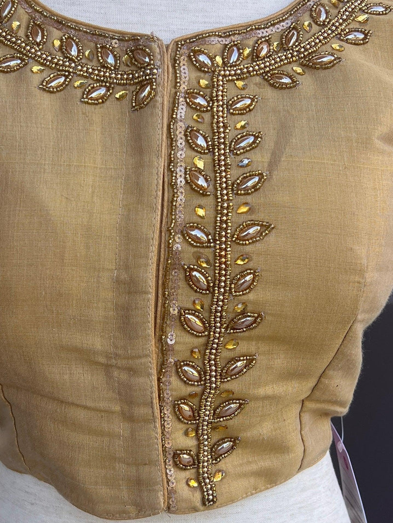 Light Gold Color Tissue Silk Readymade Blouse | Sleeveless Blouse | Read to Wear Blouses | Blouses for Sarees | Handwork Blouse with beads - Kaash